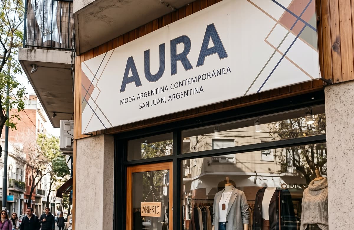 Frente de un local con cartel de lona arriba de la vidriera