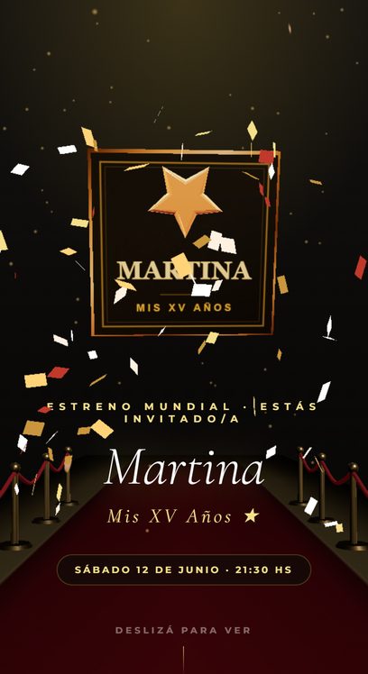 Invitación web de 15 años con temática Hollywood: claqueta, alfombra roja y estrella del Paseo de la Fama